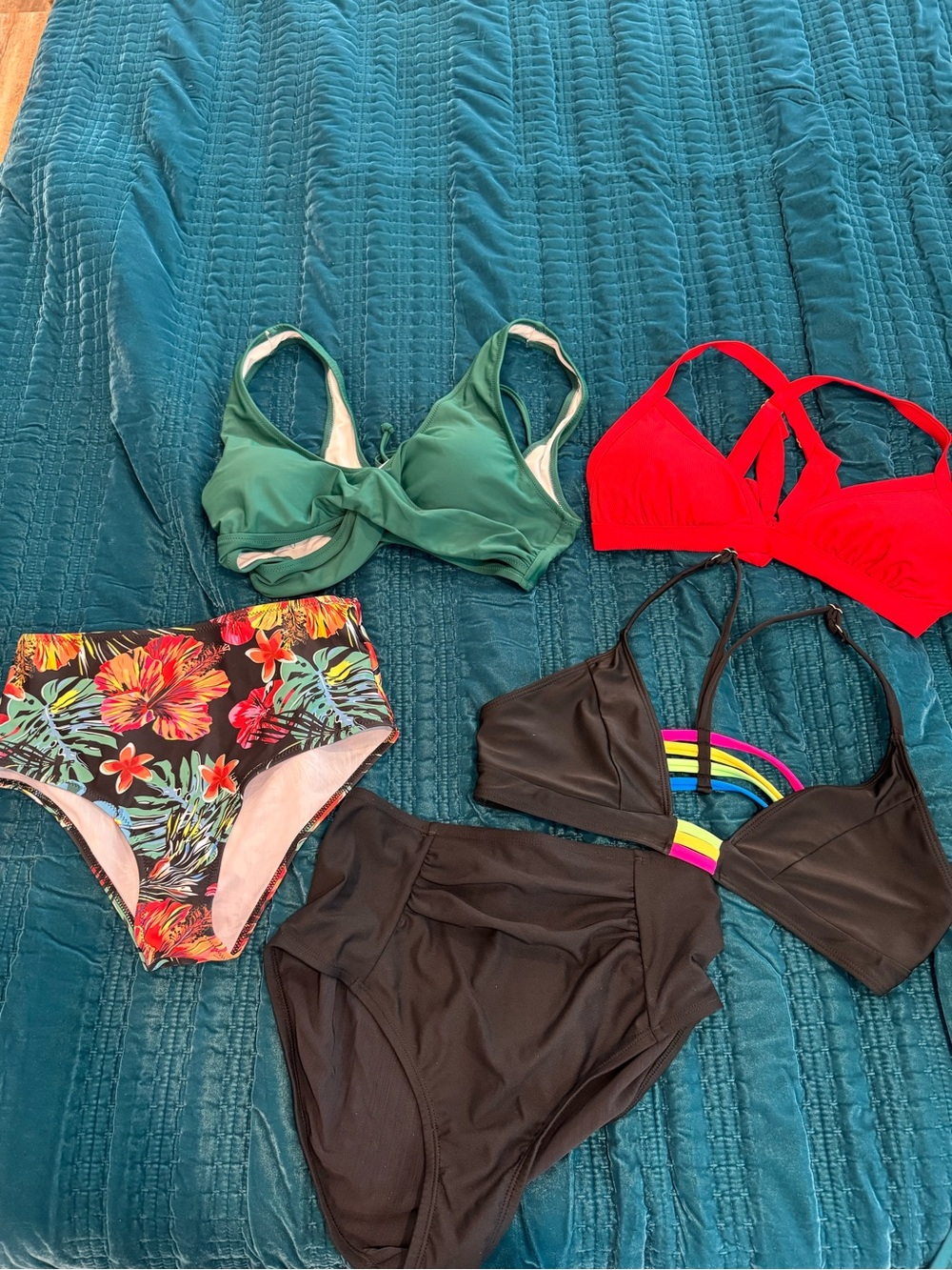Mixed Bikini Set - Green, Red, Black & Floral Pieces